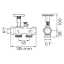 Rozmery pripojovacieho ventilu BWT Multiblock Bypass 1“