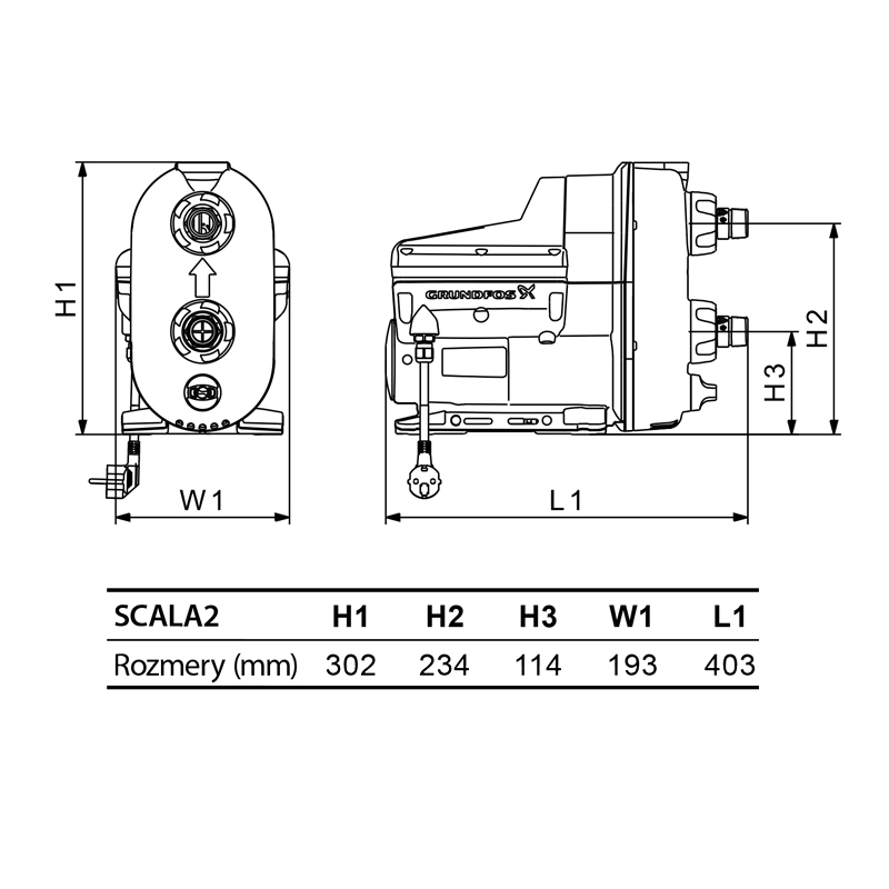 Čerpadlo GRUNDFOS SCALA2 rozmery