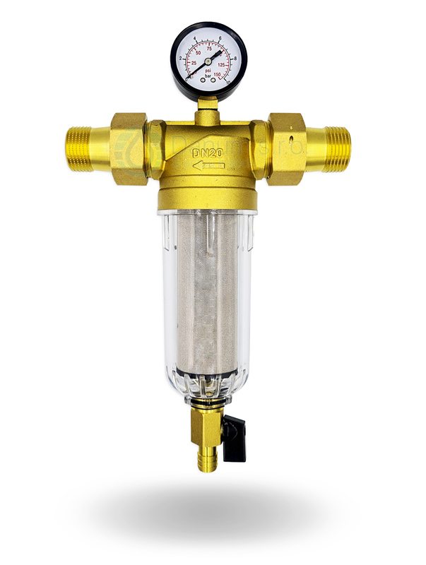 Potrubný filter Micron 3/4&quot; s manometrom a vypúšťacím ventilom
